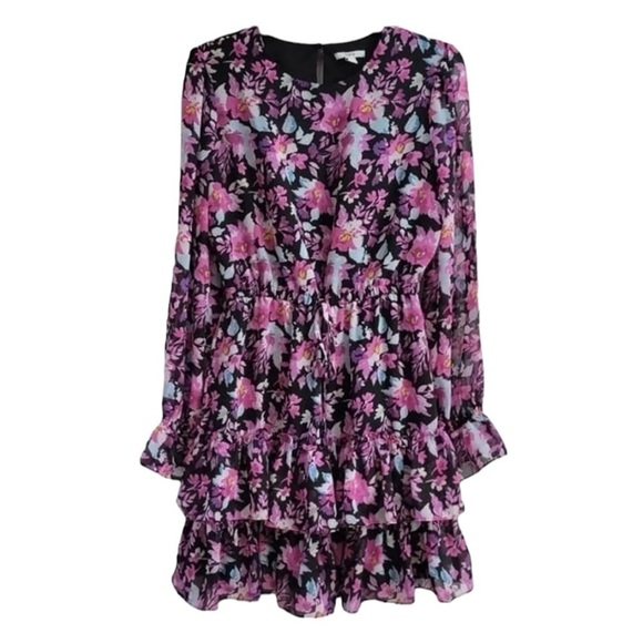 Bar Ill Purple Pink & Black Floral Ruffled Hem Mini Dress Large - Picture 5 of 11